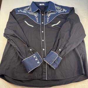 Coofandy Mens Button Western Shirt Blue White Long Sleeve Embroidered 3XL